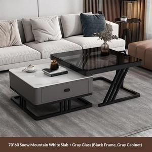 <span class=keywords><strong>Tavolino</strong></span> da Caffè Italiano di Lusso in Pietra Sinterizzata con Struttura in Ferro e Vetro, Design a Doppio Strato con Cassetti Portaoggetti, Stabile - Product Image 3