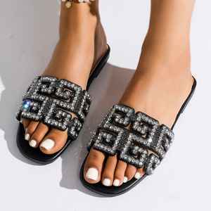 Women One Strap Rhinestone Flat Slippers Summer Casual Beach <b>Slides</b> <b>Large</b> Size Fashion Outdoor Sandals - Product Image 1