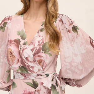 Women's Romantic Blush Pink Peony Floral Print V-Neck <b>Wrap</b>-Tie Waist Long Puff Sleeves Ruffle Chiffon Mini Dress for Wedding - Product Image 2