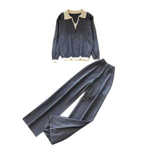 Conjunto de 2 Piezas de Punto para Mujer, Top de Manga Larga con Cuello Polo y Pantalones Anchos, Ropa Casual para Primavera y Otoño - Product Image 5