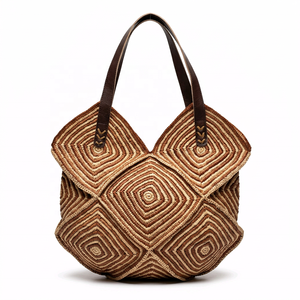 Handmade Woven Casual Tote Raffia Handbag Geometric <b>Beach</b> Travel Shoulder <b>Bag</b> <b>Lady</b> Soft Private Label OEM ODM - Product Image 1