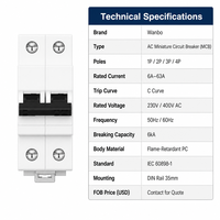 Wanbo-497 1P 2P 3P 4P Kurva C Termal Magnetik Tahan Api 6kA 230V 400V DIN Rail AC Miniature Circuit Breaker