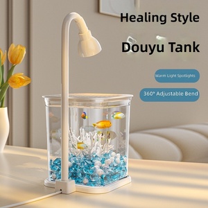 完整方形豪华斗鱼缸套装 2L 桌面水族箱，带超透明 LED 灯盖装饰（塑料） - Product Image 1