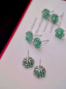 Xinfly 18k Pure Gold 0.1ct Diamond Flower Shape 1.6ct Drop <b>Emerald</b> <b>Stud</b> Earrings for Women - Product Image 5