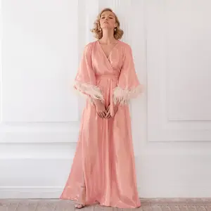 Popular Products 2024 Ostrich Feather Bright Silk Satin Morning Gown For Women