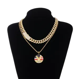 High Quality Hip Hop Alloy Gold Plated Rhinestone Crystal US Flag Eagle Charm Pendant Necklace set