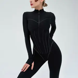 Autumn New Women's Long Sleeved Round Neck Leggings Black Sexy Tight Fitting Zippered Jumpsuit