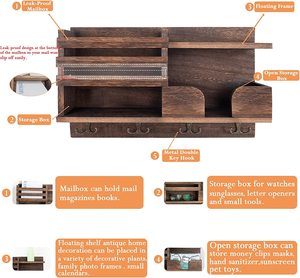 Portaoggetti in legno a parete con quattro ganci porta posta e organizzatore chiavi per uso domestico - Product Image 6