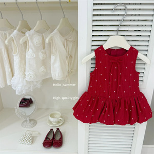 Tongxingyuan Baby Girls Summer Floral Vest Dress Red With Hair Tie A-Line Cotton Dress For Children - Product Image 3
