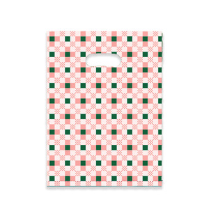 Sacs de marchandises <span class=keywords><strong>en</strong></span> plastique HOYO bleu et blanc à carreaux, sacs à poignée découpée avec imprimé pied-de-poule et motif floral porte-bonheur pour la vente au détail - Product Image 2