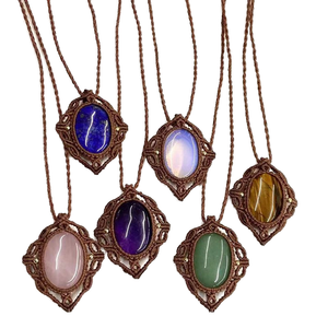 Bohemian Natural Gemstone Oval Cabs Necklace Crystal Rhinestone Gold Plated Hand Braided Waxed <b>Rope</b> Unisex Gift Jewelry - Product Image 1