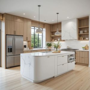 China Factory Custom High End Luxury <strong>Round</strong>-And-Open Shinny UV Lacquer MDF Kitchen Cabinet Glass <strong>Hinge</strong> Sink Wooden Grain Design - Product Image 1