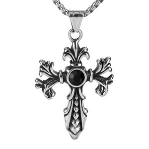 Collar con Colgante de Cruz Vikinga Vintage, Collar Retro de Acero Inoxidable para Hombre con Cruz y Flor Incrustada con Piedra Negra - Product Image 1