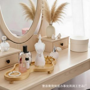Solid Wood Irregular <b>Tray</b> 2-3 Compartments Natural Color Standing Type Desktop <b>Storage</b> For Cosmetics Jewelry Tea Snacks Display - Product Image 3