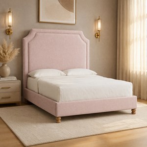 French Soft <strong>Bed</strong> Blush Pink Linen Upholstered Platform <strong>Bed</strong> Tall Curved Headboard <strong>Piping</strong> Detail Turned Wood Legs Reclining for - Product Image 2