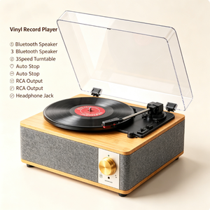 Tocadiscos de vinilo con panel de madera, directo de fábrica, con cubierta antipolvo, altavoz estéreo incorporado, USB, logotipo personalizado, para decoración vintage de escritorio en el hogar. - Product Image 6