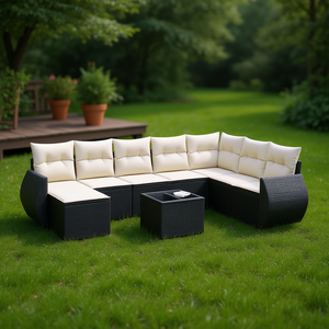 Cream White And Black <b>Rattan</b> Garden <b>Sofa</b> Set With Cushions 6 Seater Outdoor Furniture Contemporary Design - Product Image 2