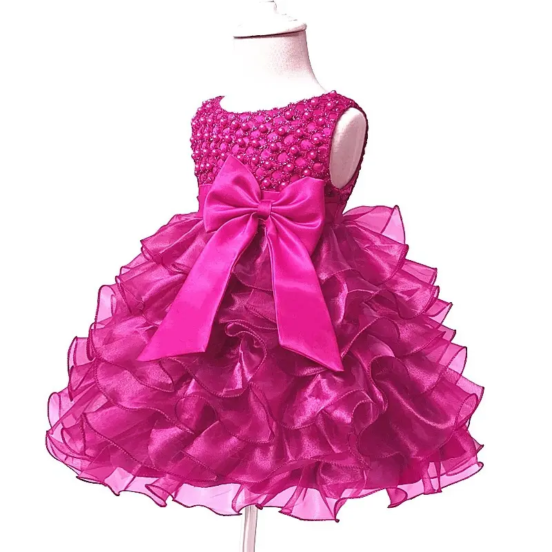 Birthday Party Red Layered With High Quality Hot Sale Princess Party Dress Lace Bow Flower Performance Girls Puffy Dresses