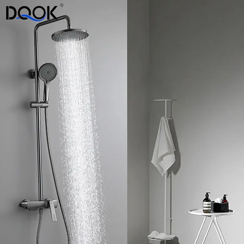DQOKファッションスタイル真鍮滝レインシャワー蛇口3機能ホットコールドガンメタルバスルームシャワーセット