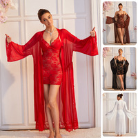 Ensemble de Nuisette Transparente en Dentelle 100% Polyester Personnalisé pour Femme, Robe Longue en Mousseline à Bretelles, Ensemble Deux Pièces Sexy et Respirant