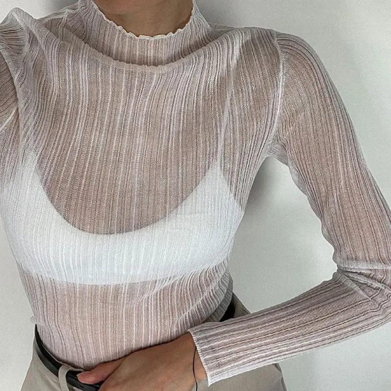 Fall Elegant See Through Long Sleeve Mock Neck Women Tops Fashion Streetwear Sexy T-Shirts Tees Slim Clothes
