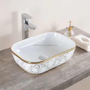 Luxe Moderne Vessel Lavabo Rechthoekige Art Wastafel Keramische Goud Wit Badkamer Wastafel Counter Top Wastafel