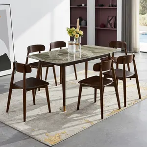 Tabla de roca de madera maciza duradera y estable, combinación de mesa de comedor y silla, mesa redonda, juego de cubiertos de lujo de 6 plazas