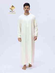 Al-Haramain <b>Men's</b> White Cotton <b>Thobe</b> Round Neck Long Sleeve Floor Length Prayer Robe Modest Solid Design Breathable Regular Fit - Product Image 3