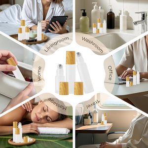 Mini flacons roll-on en verre dépoli de 1 ml, 2 ml, 10 ml pour huiles essentielles, conteneurs cylindriques transparents avec bouchon imitation bois doré - Product Image 4