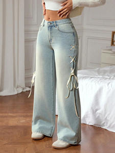 Nuovo stile da donna 2025 Casual stile Vintage alla moda <span class=keywords><strong>Jeans</strong></span> in Denim medio vita con nastro a gamba dritta per la stagione autunnale - Product Image 6