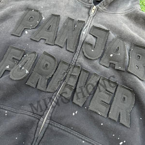 Custom Sticker Embroidery Logo Street Graffiti Splash Washed <b>Zip</b> Pullover Hoodie - Product Image 3