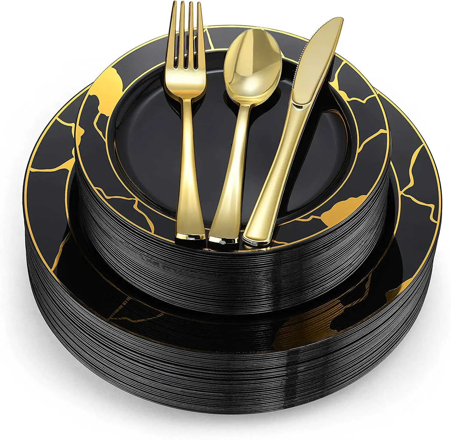 Juego de vajilla de plástico con platos negros y dorados, cubiertos de plástico, tenedores, cucharas, cuchillos, tazas y servilletas