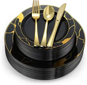 Platos negros y dorados Juegos de vajilla de plástico Platos con cubiertos de plástico Tenedores Cucharas Cuchillos tazas y servilletas