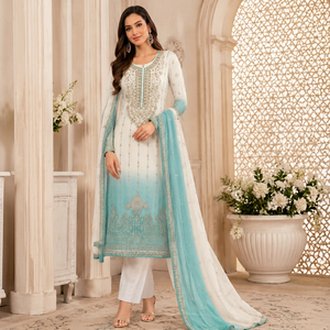 Salwar Kameez brodé blanc et bleu sarcelle pour femme avec dupatta, tenue traditionnelle indienne et pakistanaise, longueur ras du sol, coupe classique - Product Image 1