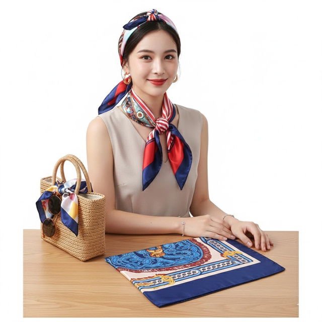 Nautical Style Striped Silk Scarf Womens Headband and Straw Bag Decorative Ribbon