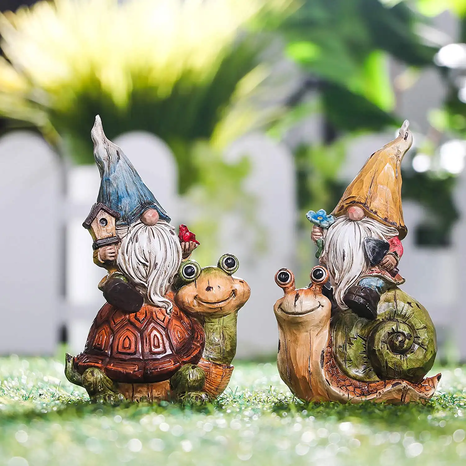 Fomes vintage sentados no caracol e tartaruga estatueta de jardim estátua de gnome