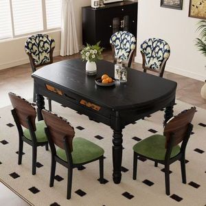 French Retro Solid Wood <b>Dining</b> <b>Table</b> And Chair <b>Set</b> 6 Piece <b>Extendable</b> Vintage Style For <b>Dining</b> Room - Product Image 4