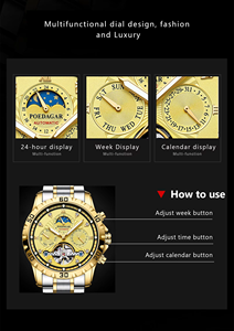 <span class=keywords><strong>Montre</strong></span> POEDAGAR 1412 Tourbillon Or pour Homme, Résistante aux Chocs, Mécanique Lumineuse, Phase de Lune, Étanche - Product Image 3