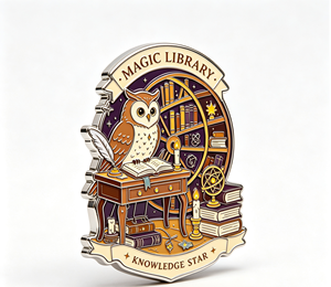 Owl Magic Library Enamel <b>Pin</b> Bookshelf Desk <b>Badge</b> Purple Gold Metal Craft Gift Decor - Product Image 2