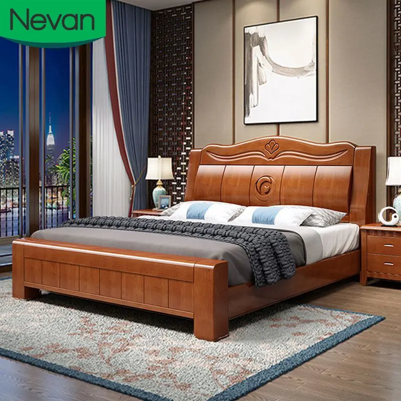 Chinese style 2021 home set modern king size solid wood frame bedroom cheap wooden furniture queen bed with storage