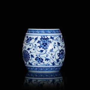 Acessórios para xícara de chá em porcelana azul e branca, tampa de porcelana em forma de tambor pontiaguda, novidade