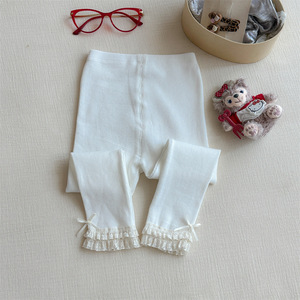 Tongxingyuan Girls <b>Leggings</b> Solid Color Knitted Cotton Long Pants <b>With</b> <b>Lace</b> <b>Trim</b> For Autumn Wear - Product Image 3