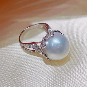 F1773 Women's Cocktail <b>Ring</b> Seawater <b>Pearl</b> Round Brilliant Cut Diamond Pave Setting Wedding Fine Jewelry - Product Image 3