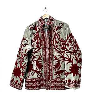 Ethnic Gray <b>Velvet</b> Suzani Embroidered <b>Jacket</b> with Floral Pattern Full Sleeve Stand Collar Bohemian <b>Women's</b> Autumn Outerwear - Product Image 1