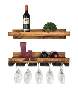 Handmade Hot Wall-mounted Wood Floating Wine and Glass Rack Customizable Floating Design