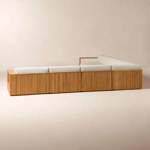 أريكة خشبية كبيرة للحدائق على شكل حرف L مصنوعة يدويًا 100% بتصميم شريطي من خشب الساج - Product Image 4