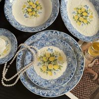 Assiette à dessert en céramique style français rétro, motif végétal floral citron gaufré, luxe léger vintage, compatible micro-ondes, pour l'après-midi 2026
