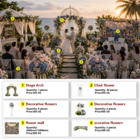 Ensemble complet de décoration de mariage côtier Hortensia Bleu Poussiéreux, comprenant arche en mousseline transparente, centre de table pour allée, toile de fond florale, vente en gros OEM