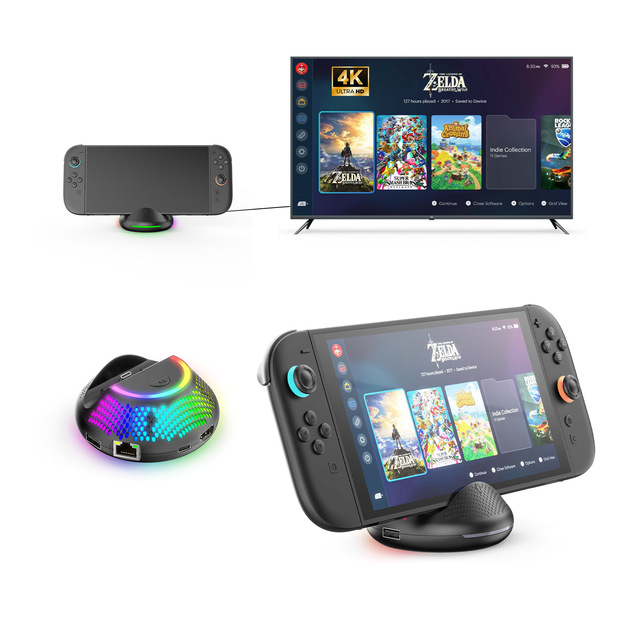 Circular Portable TV Dock Converter 5-in-1 TV Station for Nintendo Switch 2 60Hz Output with RGB Lights Game Accessories