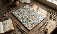 Carreaux en céramique 4x4 peints à la main par des artisans |   Carreaux d'intérieur lumineux antibactériens à motifs géométriques modernes méditerranéens sur mesure